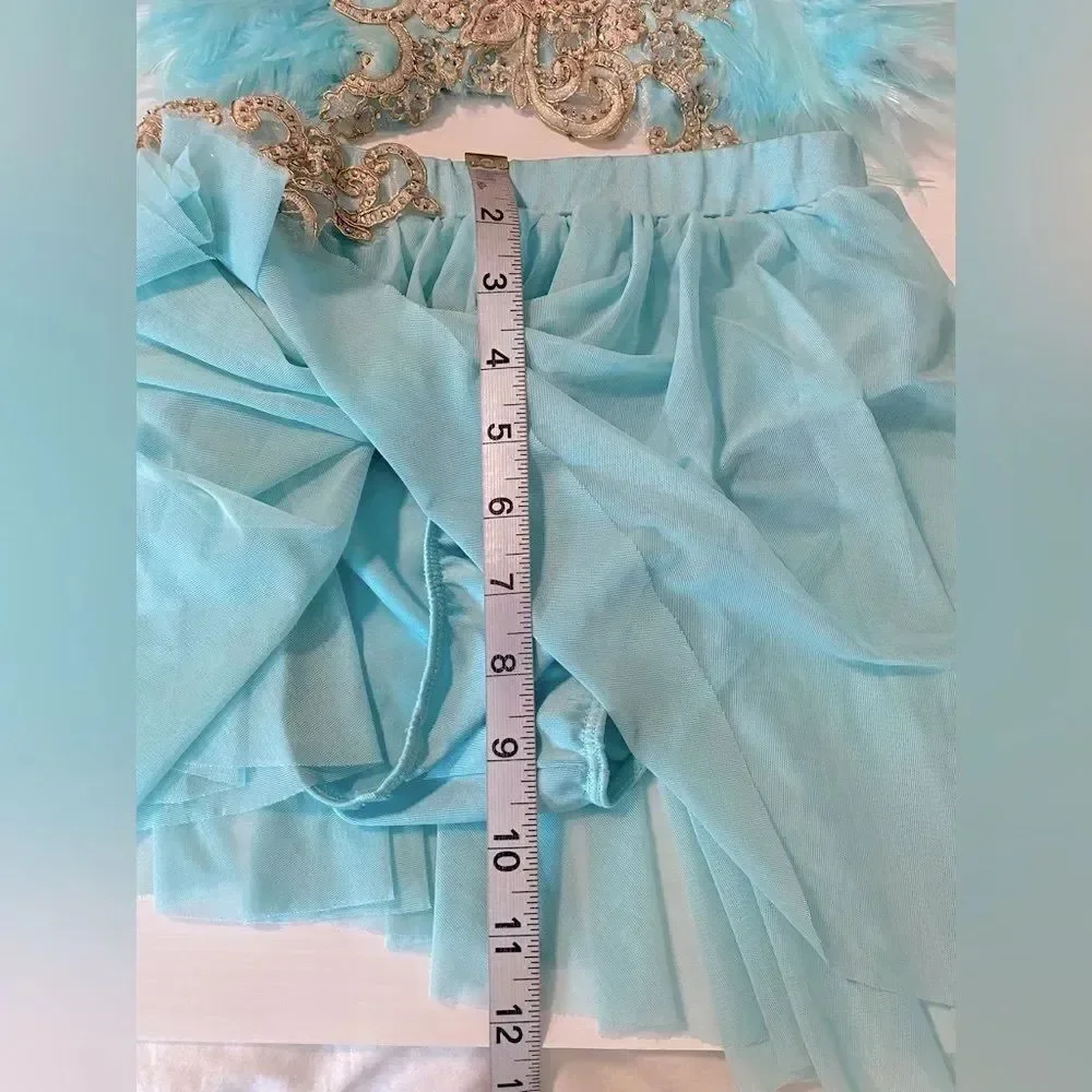 Glamour Solo Dance Costume Aqua Blue Feather jazz Broadway 2 Piece XLC Child SA
